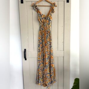 JM Collection Yellow & Blue Paisley Maxi Sundress